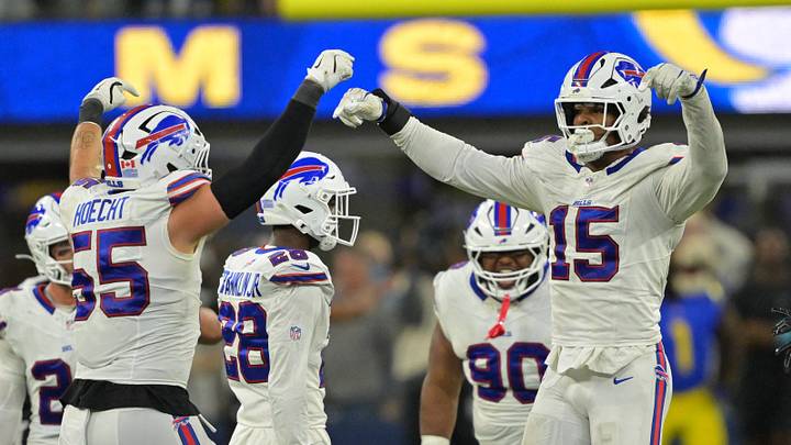 Oct 12, 2026; Inglewood, California, USA;  Buffalo Bills linebacker Greg Rousseau (15) celebrates with Buffalo Bills defensive end Michael Hoecht (55) after blocking a field goal during overtime against the Los Angeles Rams at SoFi Stadium.  