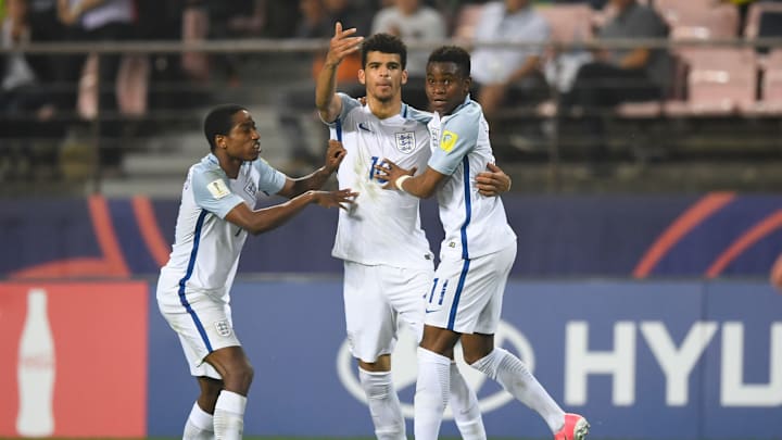 Ademola Lookman and Kyle Walker-Peters with current Spurs striker Dominic Solanke during the U20 World Cup in 2017