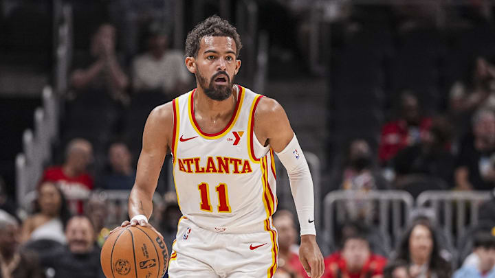 Oct 8, 2024; Atlanta, Georgia, USA; Atlanta Hawks guard Trae Young (11) controls the ball against the Indiana Pacers during the first half at State Farm Arena. Mandatory Credit: Dale Zanine-Imagn Images Oct 8, 2024; Atlanta, Georgia, USA; Atlanta Hawks guard Trae Young (11) controls the ball against the Indiana Pacers during the first half at State Farm Arena. Mandatory Credit: Dale Zanine-Imagn Images