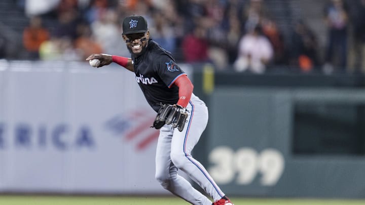 Miami Marlins shortstop Vidal Brujan (17) throws to first base for an out against the San Francisco Giants during the sixth inning at Oracle Park on Aug 30.