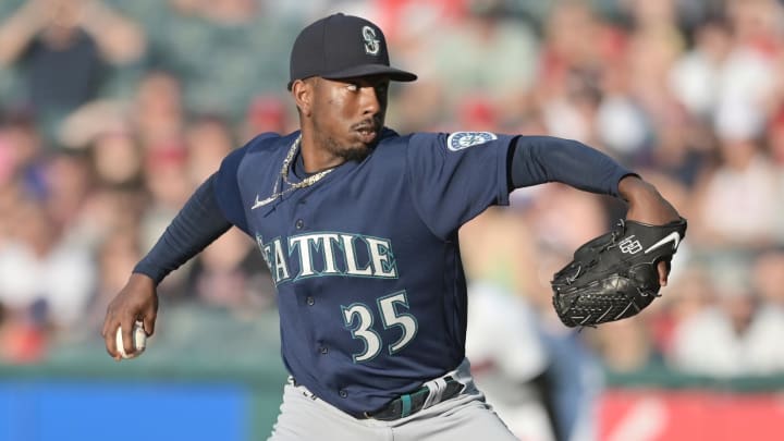 Seattle Mariners starting pitcher Justin Dunn (35) throws a pitch during the first inning against the Cleveland Indians at Progressive Field in June of 2021.