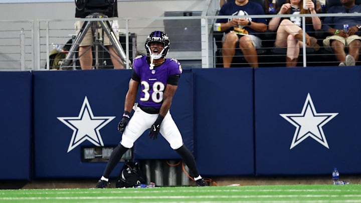 Aug 16, 2025; Arlington, Texas, USA;  Baltimore Ravens cornerback Keyon Martin (38) reacts after recording a safety against the Dallas Cowboys  during the first quarter at AT&T Stadium. Mandatory Credit: Kevin Jairaj-Imagn Images