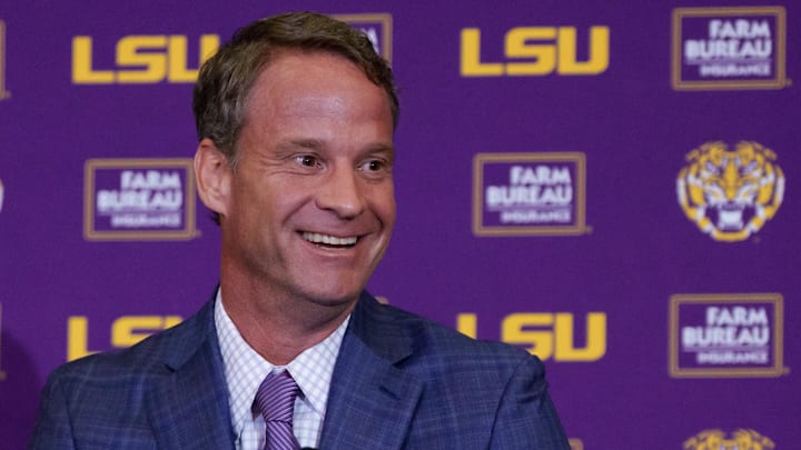 Dec. 1, 2025; Baton Rouge, LA, USA; LSU new head coach Lane Kiffin speaks at South Stadium Club at Tiger Stadium. Mandatory Credit: Matthew Hinton-Imagn Images