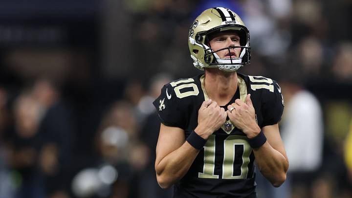 Sep 27, 2026; New Orleans, Louisiana, USA;  New Orleans Saints kicker Daniel Carlson (10) looks on before the game against the Las Vegas Raiders at Caesars Superdome.  Mandatory Credit: Stephen Lew-Imagn Images