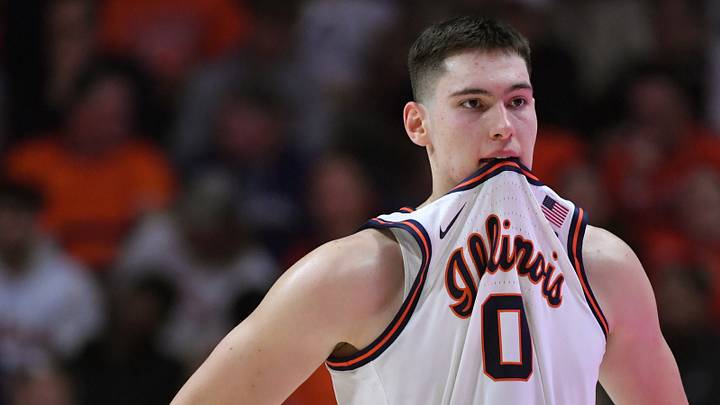 Nov 11, 2025; Champaign, Illinois, USA; Illinois Fighting Illini forward David Mirkovic (0) reacts during the first half against the Texas Tech Red Raiders at State Farm Center. Mandatory Credit: Ron Johnson-Imagn Images Nov 11, 2025; Champaign, Illinois, USA; Illinois Fighting Illini forward David Mirkovic (0) reacts during the first half against the Texas Tech Red Raiders at State Farm Center. Mandatory Credit: Ron Johnson-Imagn Images