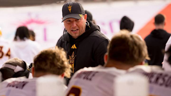 Arizona State head football coach Kenny Dillingham talks to his team during a time out a the Tony the Tiger Sun Bowl against Duke at Sun Bowl Stadium in El Paso, Texas, on Wednesday, Dec. 31, 2025. Arizona State head football coach Kenny Dillingham talks to his team during a time out a the Tony the Tiger Sun Bowl against Duke at Sun Bowl Stadium in El Paso, Texas, on Wednesday, Dec. 31, 2025.