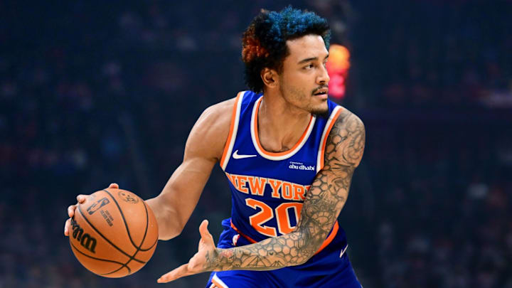 Feb 24, 2026; Cleveland, Ohio, USA; New York Knicks forward Jeremy Sochan (20) against the Cleveland Cavaliers during the first half at Rocket Arena.