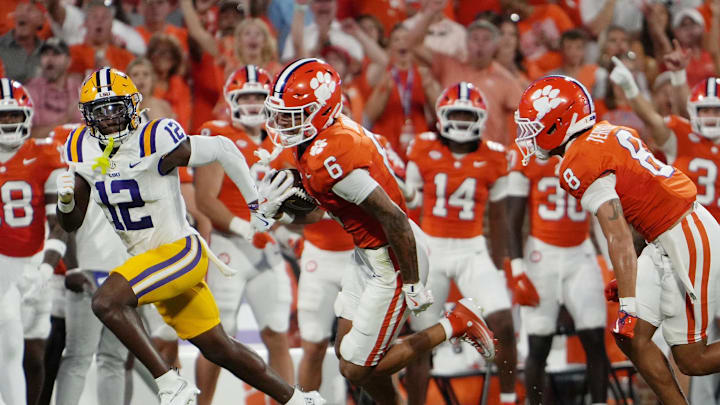 Aug 30, 2025; Clemson, South Carolina, USA; Clemson Tigers wide receiver Tyler Brown (6) runs with the ball against the LSU Tigers during the first quarter at Memorial Stadium. Mandatory Credit: Ken Ruinard-USA TODAY Network via Imagn Images
