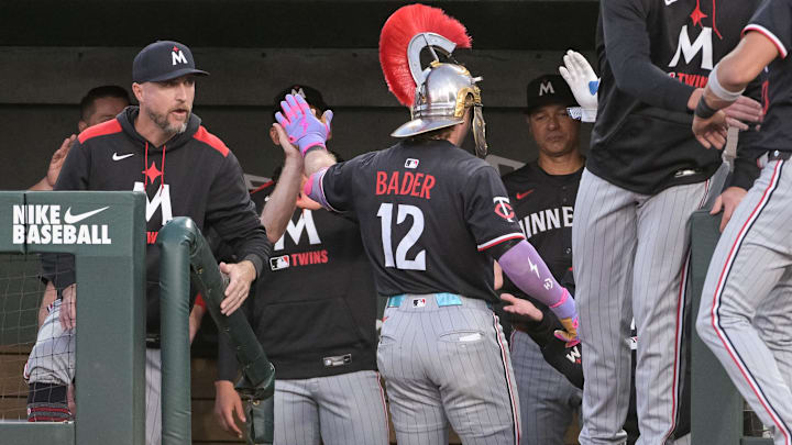 Jun 4, 2025; West Sacramento, California, USA; Minnesota Twins outfielder Harrison Bader (12) celebrates with team mates after hitting a home run against the Athletics during the fifth inning at Sutter Health Park. Mandatory Credit: Ed Szczepanski-Imagn Images Jun 4, 2025; West Sacramento, California, USA; Minnesota Twins outfielder Harrison Bader (12) celebrates with team mates after hitting a home run against the Athletics during the fifth inning at Sutter Health Park. Mandatory Credit: Ed Szczepanski-Imagn Images