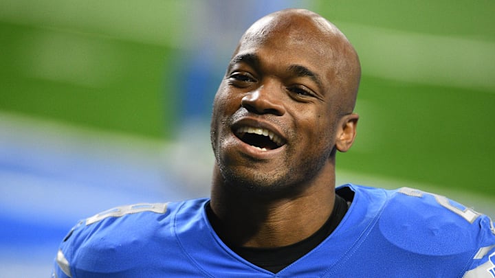 Jan 3, 2021; Detroit, Michigan, USA; Detroit Lions running back Adrian Peterson (28) reacts before the game against the Minnesota Vikings at Ford Field. Mandatory Credit: Tim Fuller-Imagn Images