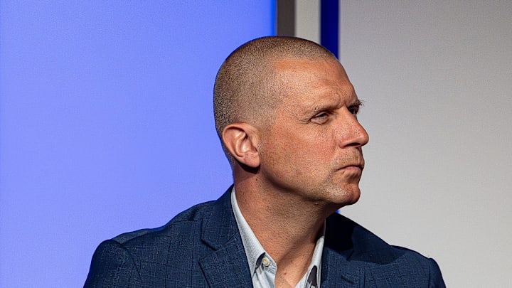 Kentucky head basketball coach Mark Pope listened while Louisville basketball coach Pat Kelsey spoke at the 2024 Leadership Louisville Luncheon at the Kentucky International Convention Center in downtown Louisville on Wednesday, August 28, 2024.