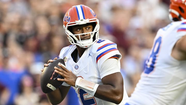Oct 11, 2025; College Station, Texas, USA; Florida Gators quarterback DJ Lagway (2) throws the ball during the first half against the Texas A&M Aggies at Kyle Field. Mandatory Credit: Maria Lysaker-Imagn Images