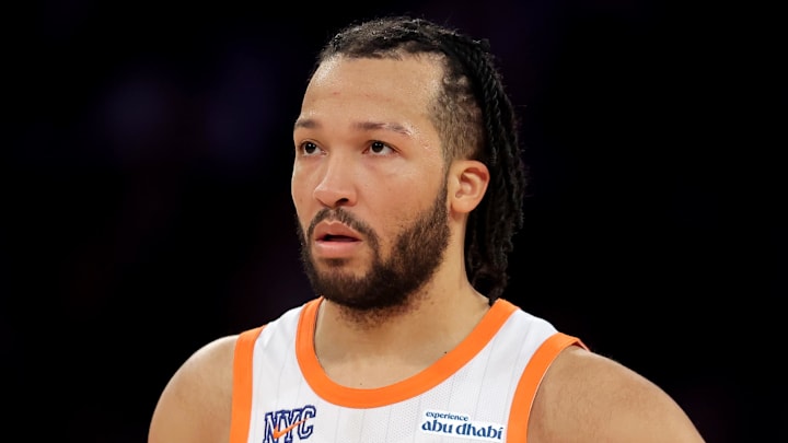 Apr 11, 2025; New York, New York, USA; New York Knicks guard Jalen Brunson (11) reacts during the fourth quarter against the Cleveland Cavaliers at Madison Square Garden. Mandatory Credit: Brad Penner-Imagn Images