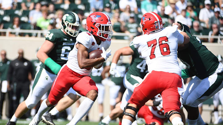 Sep 11, 2021; East Lansing, Michigan, USA; Youngstown State Penguins running back Jaleel McLaughlin