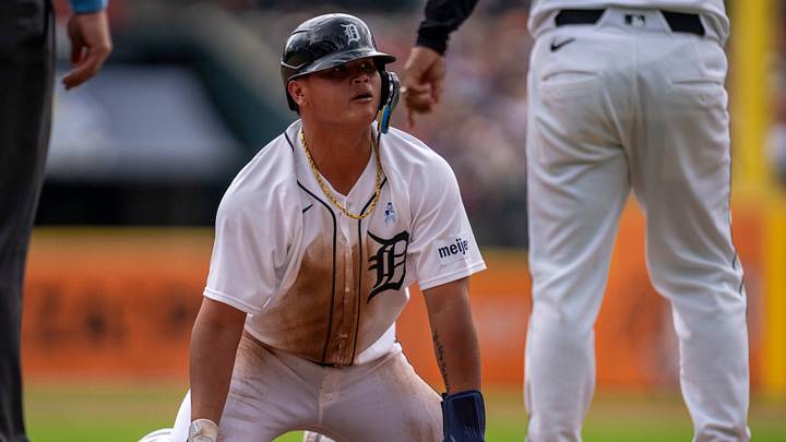 Detroit Tigers infielder Hao-Yu Lee (50) kneels on third base against the Chicago White Sox at Comerica Park in Detroit. Detroit Tigers infielder Hao-Yu Lee (50) kneels on third base against the Chicago White Sox at Comerica Park in Detroit.