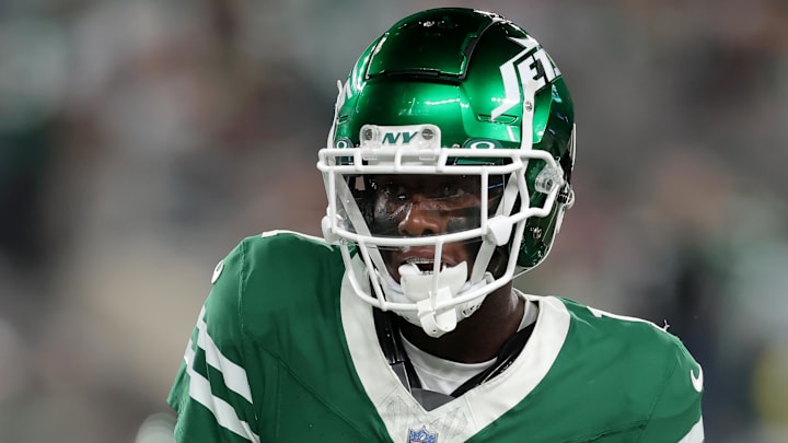 Sep 19, 2024; East Rutherford, New Jersey, USA; New York Jets cornerback Sauce Gardner (1) dances as he warms up before a game against the New England Patriots at MetLife Stadium. Mandatory Credit: Brad Penner-Imagn Images