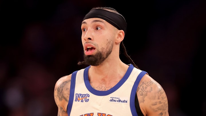 Mar 1, 2026; New York, New York, USA; New York Knicks guard Jose Alvarado (5) brings the ball up court against the San Antonio Spurs during the second quarter at Madison Square Garden. Mandatory Credit: Brad Penner-Imagn Images