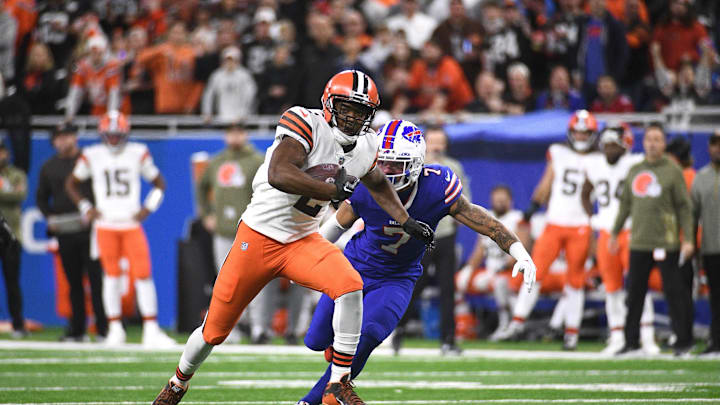 Nov 20, 2022; Detroit, Michigan, USA; Cleveland Browns wide receiver Amari Cooper (2) runs as Buffalo Bills cornerback Taron Johnson (7) pursues during the first quarter at Ford Field. Mandatory Credit: Tim Fuller-Imagn Images