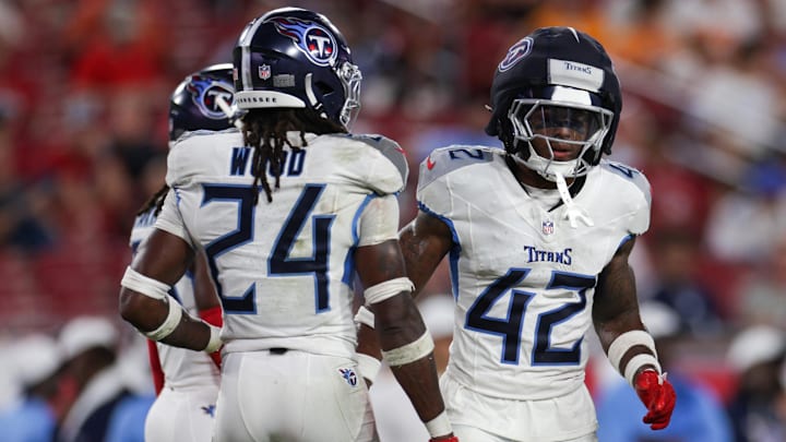 Tennessee Titans defensive back Joshua Bledsoe wears a guardian helmet during a preseason game. Mandatory Credit: Nathan Ray Seebeck-Imagn Images