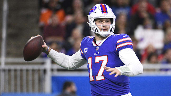 Nov 20, 2022; Detroit, Michigan, USA; Buffalo Bills quarterback Josh Allen (17) drops back to throw the ball during the first half against the Cleveland Browns at Ford Field.