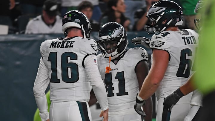 Aug 7, 2025; Philadelphia, Pennsylvania, USA; Philadelphia Eagles wide receiver Darius Cooper (41) and quarterback Tanner McKee (16) celebrates a touchdown against the Cincinnati Bengals during the second quarter at Lincoln Financial Field. Aug 7, 2025; Philadelphia, Pennsylvania, USA; Philadelphia Eagles wide receiver Darius Cooper (41) and quarterback Tanner McKee (16) celebrates a touchdown against the Cincinnati Bengals during the second quarter at Lincoln Financial Field.