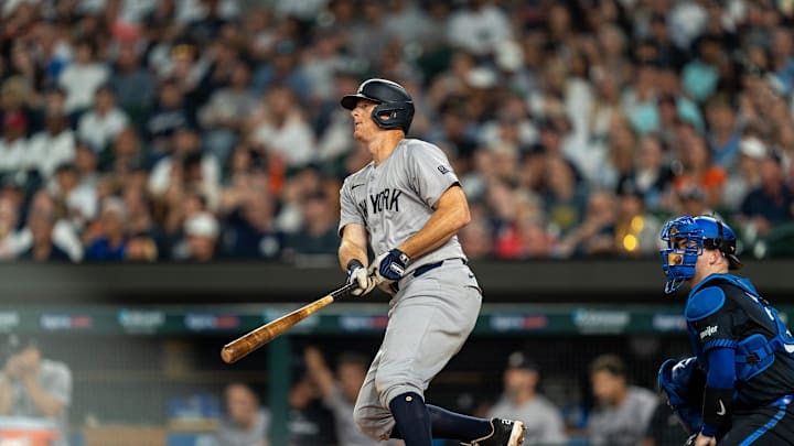 New York Yankees first baseman DJ LeMahieu (26) hits the ball against the Detroit Tigers at Comerica Park in Detroit on Friday, Aug. 16, 2024.