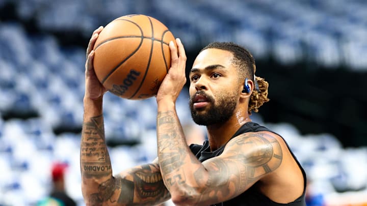 Oct 22, 2025; Dallas, Texas, USA;   Dallas Mavericks guard D'Angelo Russell (5) warms up before the game against the San Antonio Spurs at American Airlines Center. Mandatory Credit: Kevin Jairaj-Imagn Images