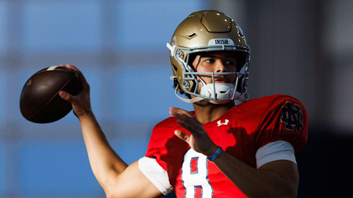 Notre Dame quarterback Kenny Minchey during a Notre Dame football spring practice at Irish Athletic Center on Wednesday, March 26, 2025, in South Bend.