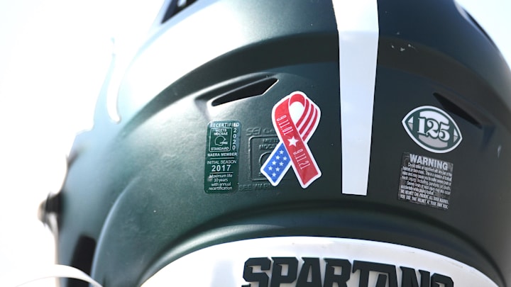 Sep 11, 2021; East Lansing, Michigan, USA; A detail view of a Michigan State Spartans helmet before