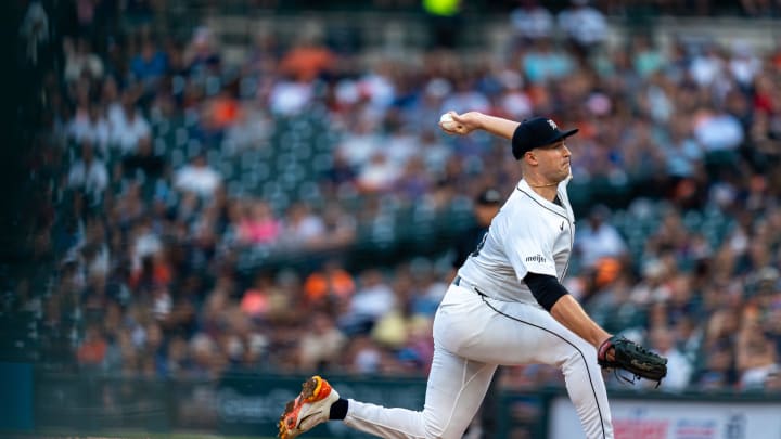 Detroit Tigers pitcher Tarik Skubal (29) delivers a pitch against the Seattle Mariners at Comerica Park in Detroit on Tuesday, Aug. 13, 2024. Detroit Tigers pitcher Tarik Skubal (29) delivers a pitch against the Seattle Mariners at Comerica Park in Detroit on Tuesday, Aug. 13, 2024.