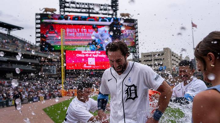 Detroit Tigers outfielder Matt Vierling gets a Gatorade bath after beating the Chicago White Sox 5-4. Detroit Tigers outfielder Matt Vierling gets a Gatorade bath after beating the Chicago White Sox 5-4.