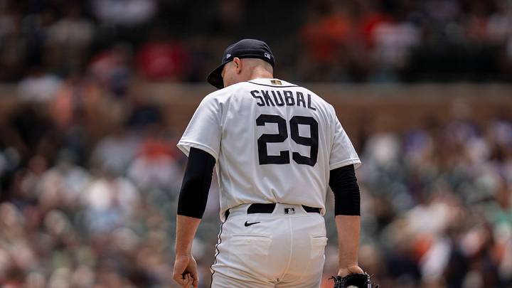 Detroit Tigers starting pitcher Tarik Skubal (29) stands on the mound against the Baltimore Orioles at Comerica Park in Detroit on Wednesday, July 29, 2026.