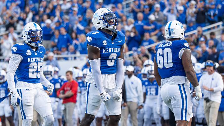 Kentucky Wildcats linebacker Alex Afari Jr. (3) was fired up after a tackle as the Kentucky Wildcats faced off against the Ole Miss Rebels at Kroger Field in Lexington, Kentucky on Saturday, September 6, 2025. Ole Miss defeated Kentucky, 30-23.