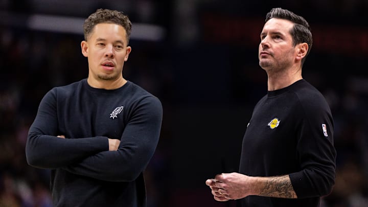 San Antonio Spurs coach Mitch Johnson looks on against the New Orleans Pelicans during the first half at Smoothie King Center on Dec. 8; Los Angeles Lakers coach J.J. Redick looks on against the New Orleans Pelicans during the second half at Smoothie King Center on Jan. 6.