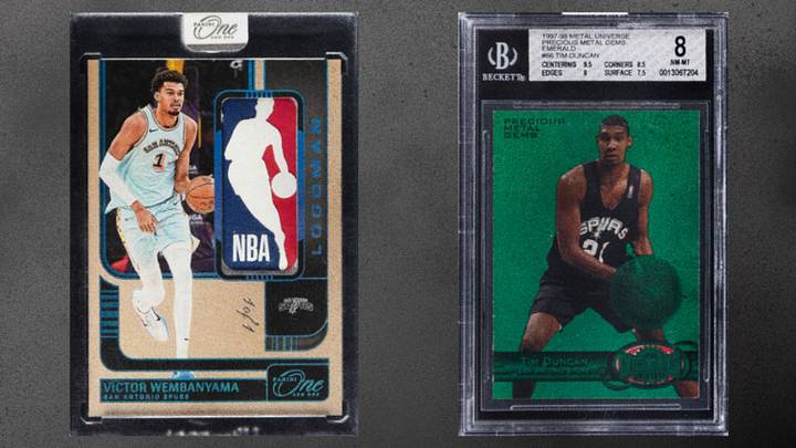 Individual photos of a 2024 Victor Wembanyama Logoman card (left) and 1997 Skybox Metal Universe Tim Duncan card (right), which fetched a combined $556,345.62 at Heritage Auctions’ Summer Platinum Night Sports Auction in Dallas Individual photos of a 2024 Victor Wembanyama Logoman card (left) and 1997 Skybox Metal Universe Tim Duncan card (right), which fetched a combined $556,345.62 at Heritage Auctions’ Summer Platinum Night Sports Auction in Dallas
