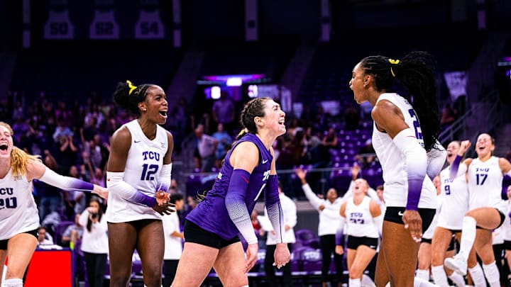 Sept. 10, 2025: TCU Volleyball's Evan Hendrix (2) celebrates with Alice Volpe and Samara Coleman (12).