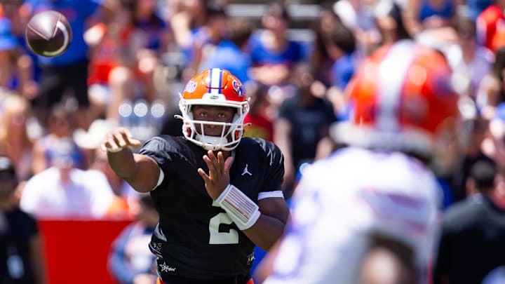 Florida Gators quarterback DJ Lagway (2) passes in the first half during the Orange and Blue game at Ben Hill Griffin Stadium in Gainesville, FL on Saturday, April 13, 2024 [Doug Engle/Gainesville Sun]2024