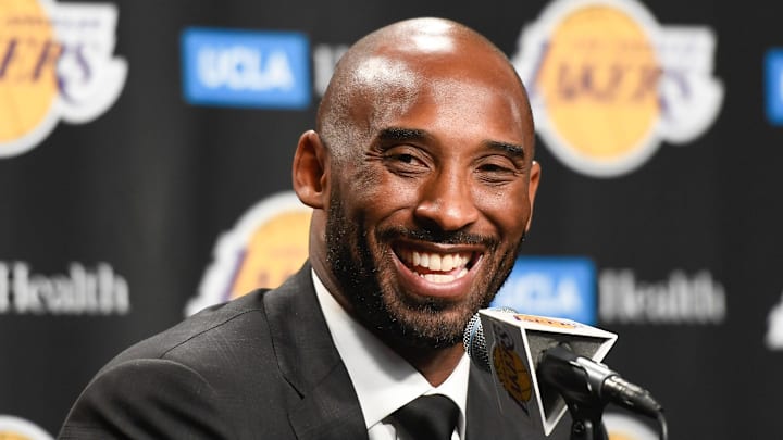 Dec 18, 2017; Los Angeles, CA, USA; Former Lakers player Kobe Bryant speaks to the media prior to the Lakers' game against the Golden State Warriors at Staples Center. Bryant's numbers 8 and 24 were to be retired during a halftime ceremony. Mandatory Credit: Robert Hanashiro-Imagn Images