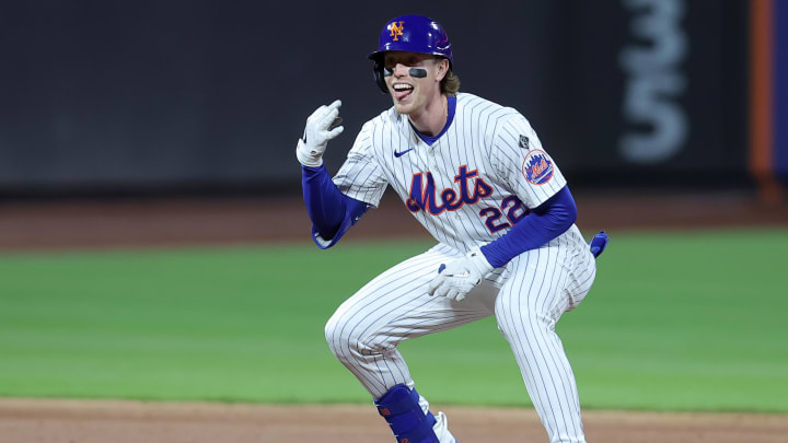 Apr 12, 2024; New York City, New York, USA; New York Mets third baseman Brett Baty (22) reacts after Apr 12, 2024; New York City, New York, USA; New York Mets third baseman Brett Baty (22) reacts after