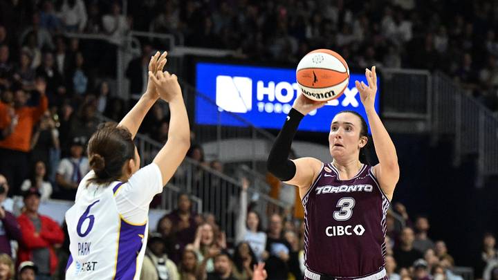 Jun 25, 2026; Toronto, Ontario, CAN; Toronto Tempo guard Marina Mabrey (3) shoots the ball as Los Angeles Sparks forward Jihyun Park (6) defends in the second half at Coca-Cola Coliseum. Mandatory Credit: Dan Hamilton-Imagn Images