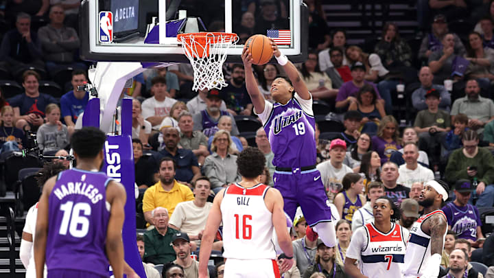 Mar 25, 2026; Salt Lake City, Utah, USA;  Utah Jazz forward Ace Bailey (19) dunks the ball against the Washington Wizards during the second quarter at Delta Center. Mandatory Credit: Chris Nicoll-Imagn Images