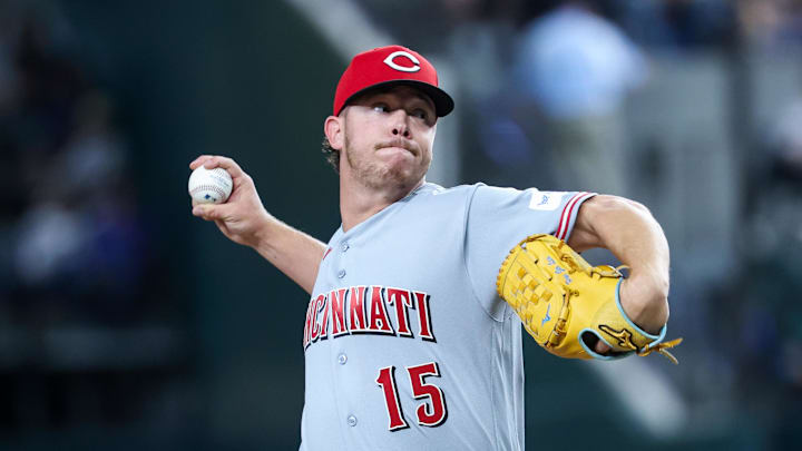 Apr 4, 2026; Arlington, Texas, USA;  Cincinnati Reds pitcher Emilio Pagan (15) throws during the ninth inning against the Texas Rangers at Globe Life Field. Mandatory Credit: Kevin Jairaj-Imagn Images