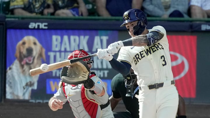 Milwaukee Brewers infielder Joey Ortiz hits a single during the fourth inning of their game against the Philadelphia Phillies Monday, September 1, 2025 at American Family Field in Milwaukee, Wisconsin.