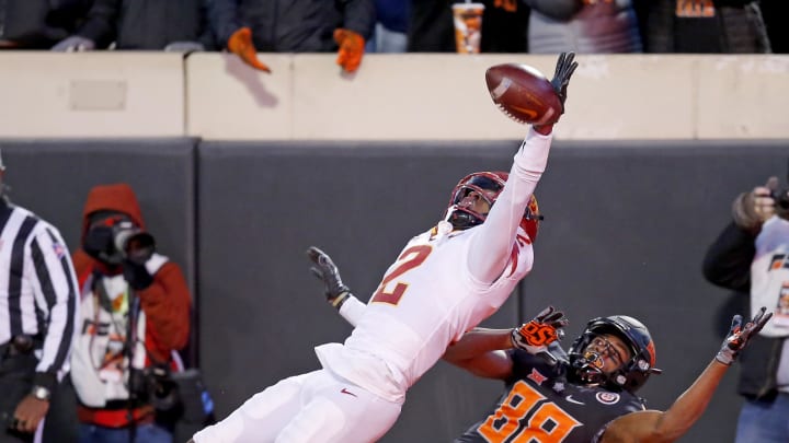 Nov 12, 2022; Stillwater, Oklahoma, USA; Iowa State Cyclones defensive back T.J. Tampa (2) deflects Nov 12, 2022; Stillwater, Oklahoma, USA; Iowa State Cyclones defensive back T.J. Tampa (2) deflects