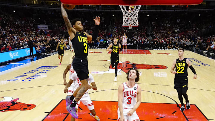 Nov 4, 2024; Chicago, Illinois, USA; Utah Jazz guard Keyonte George (3) goes up for a dunk against Chicago Bulls guard Josh Giddey (3) during the second half at United Center. Mandatory Credit: David Banks-Imagn Images