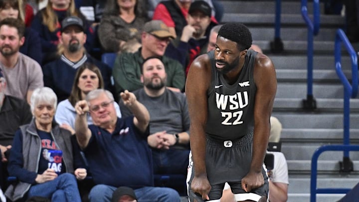 Jan 11, 2025; Spokane, Washington, USA; Washington State Cougars forward ND Okafor (22) reacts after a foul call during a game against the Gonzaga Bulldogs in the first half at McCarthey Athletic Center. Mandatory Credit: James Snook-Imagn Images
