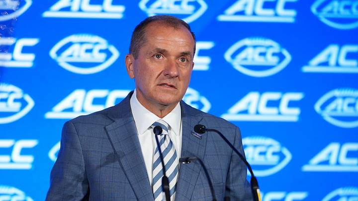 Jul 15, 2026; Charlotte, NC, USA;  ACC commissioner Jim Phillips speaks to the media during ACC Media Days at Hilton Charlotte Uptown. Mandatory Credit: Jim Dedmon-Imagn Images