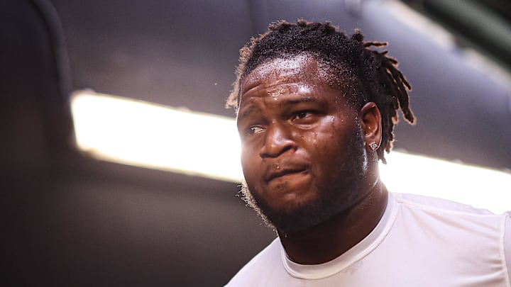 Aug 16, 2025; Philadelphia, Pennsylvania, USA; Philadelphia Eagles defensive tackle Jalen Carter walks through the tunnel before a game against the Cleveland Browns at Lincoln Financial Field. Mandatory Credit: Bill Streicher-Imagn Images