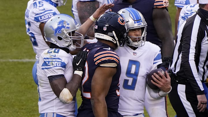 Matthew Stafford is congratulated by Khalil Mack after the Lions won the debut of interim coach Darrell Bevell in 2020. Matthew Stafford is congratulated by Khalil Mack after the Lions won the debut of interim coach Darrell Bevell in 2020.