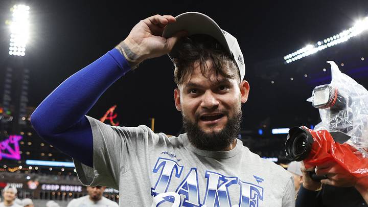 Oct 7, 2026; Cumberland, Georgia, USA;  Los Angeles Dodgers outfielder Andy Pages (44) celebrates after defeating the Atlanta Braves in game four of the NLDS for the 2026 MLB Playoffs at Truist Park.  Mandatory Credit: Brett Davis-Imagn Images